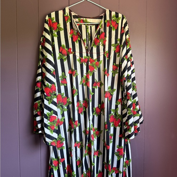 Vintage 70s Strawberry Stripe Maxi Dress – Long Sleeve Fruit Print Slip - Picture 3 of 7